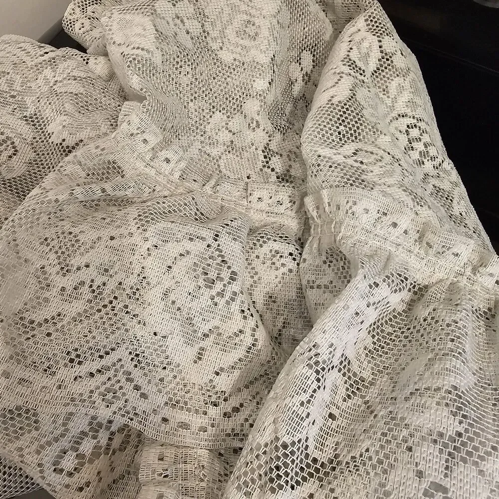 Vintage Light Gray Floral Lace Swag Curtains with Rose Pattern & Ruffle Trim